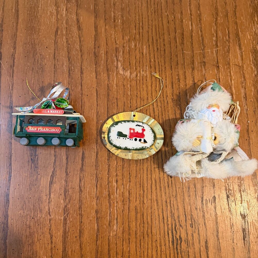 Vintage Christmas Ornament Lot San Francisco Cable Car Santa Train Brass 3 Pc